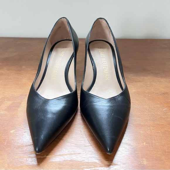 Stuart Weitzman Classic Leather Pointed Black Pumps Kitten Heel Anny 70 - Picture 6 of 12